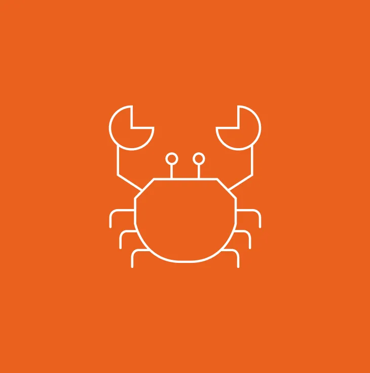 Island Seafare crab icon in white line illustration on an orange background, part of the custom shellfish icon set designed by DotPerformance